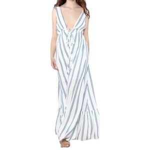 Hommage White Blue Print Maxi Dress V Neck Tie Waist Sleeveless‎  Resortwear